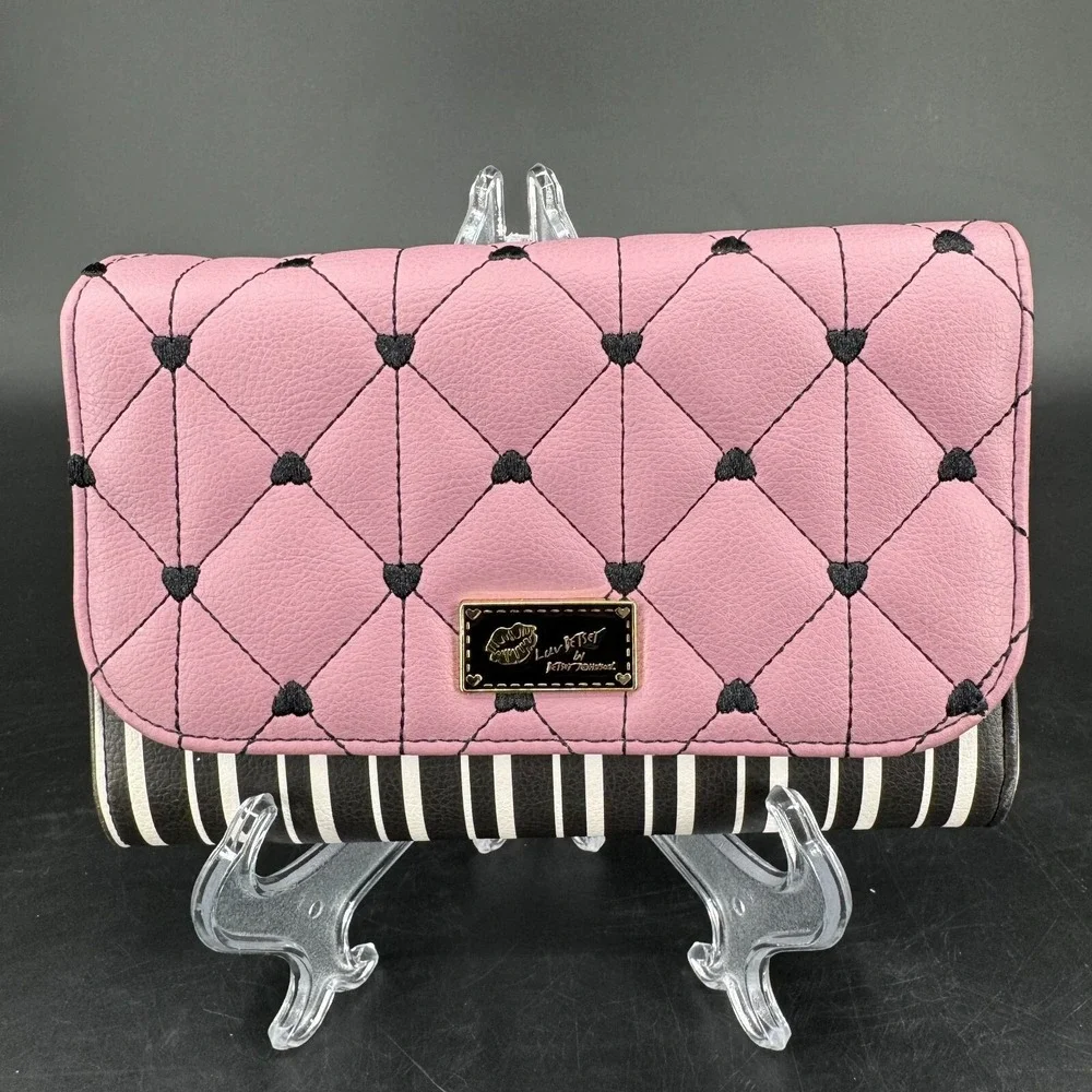 Luv Betsey by Betsey Johnson WOMENS Pink Black White Heart Quilted Crossbody